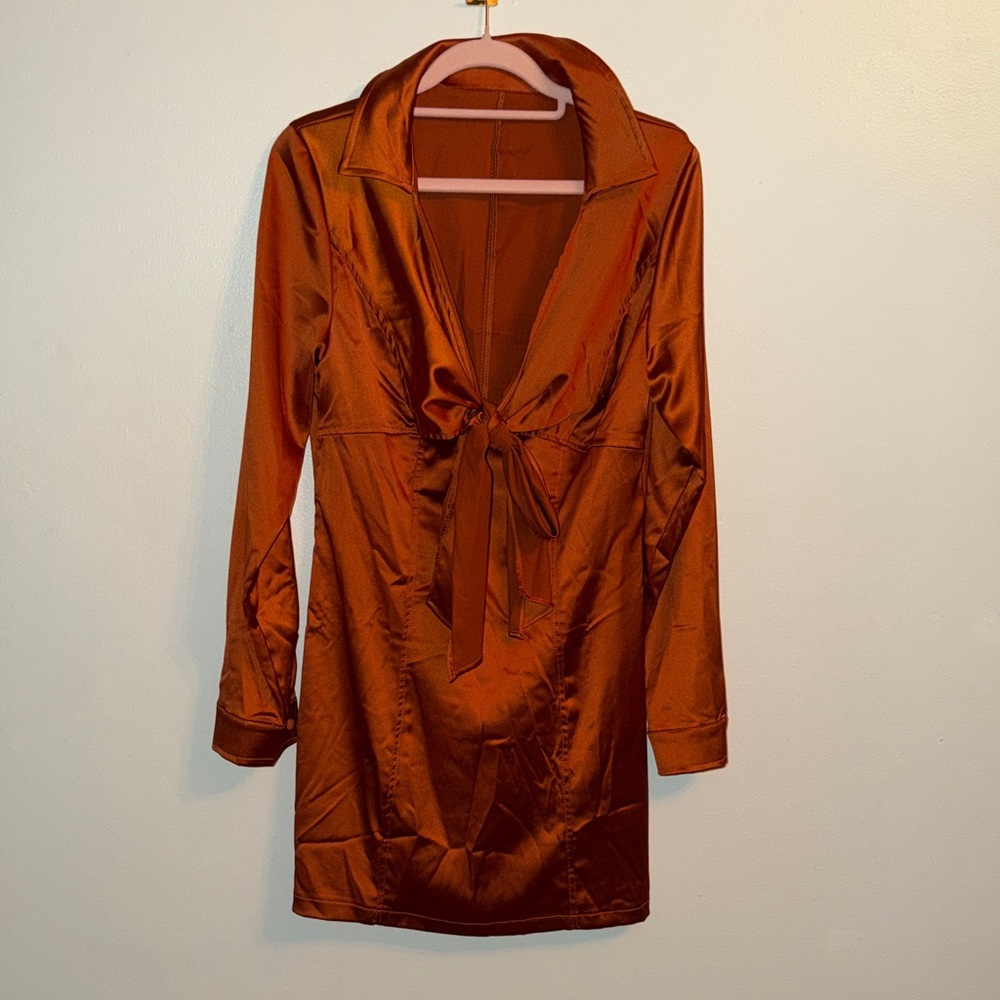 Satin Tie-Front Dress in Rust
